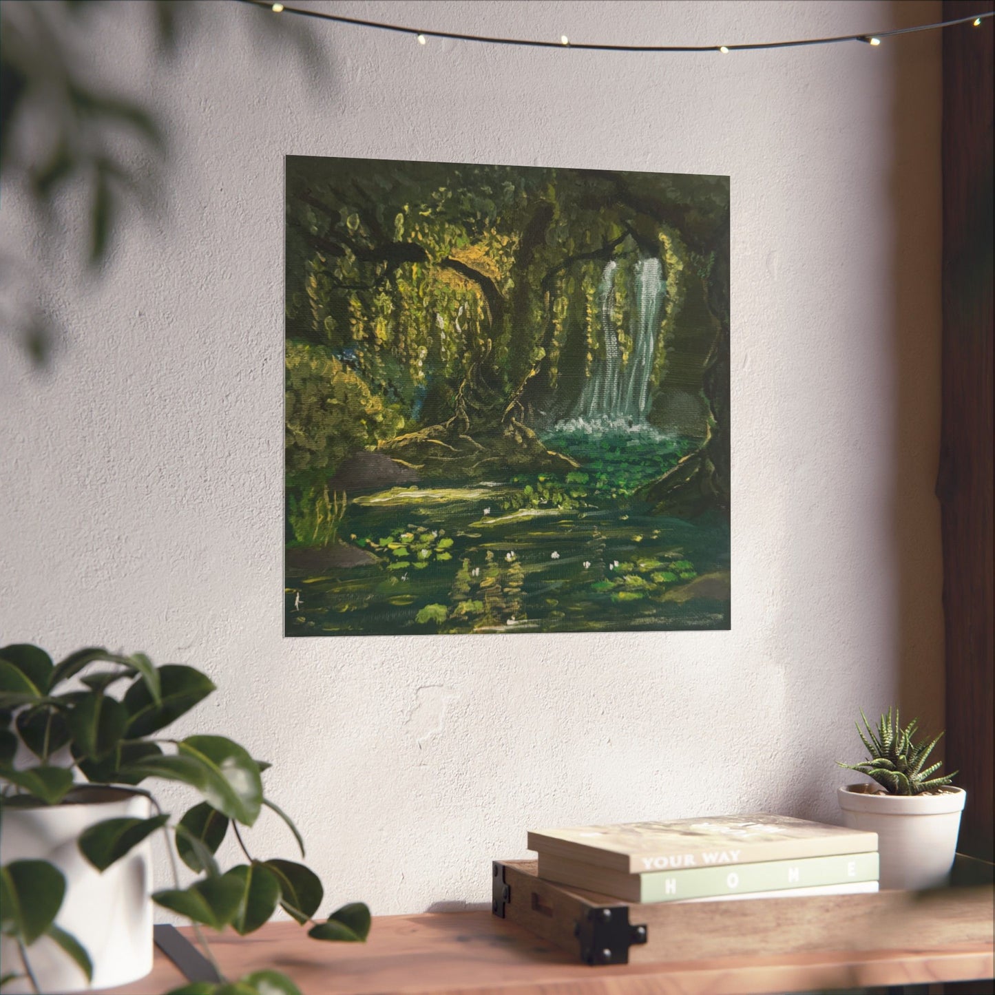 Enchanted Forest Waterfall - Tranquil Nature Art Poster Print